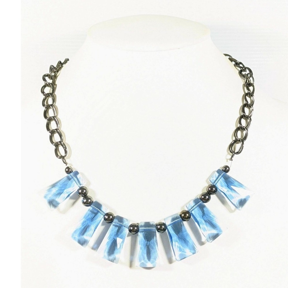 Gunmetal Gray Blue Glass Rectangle Drop Bib Statement Necklace 22"